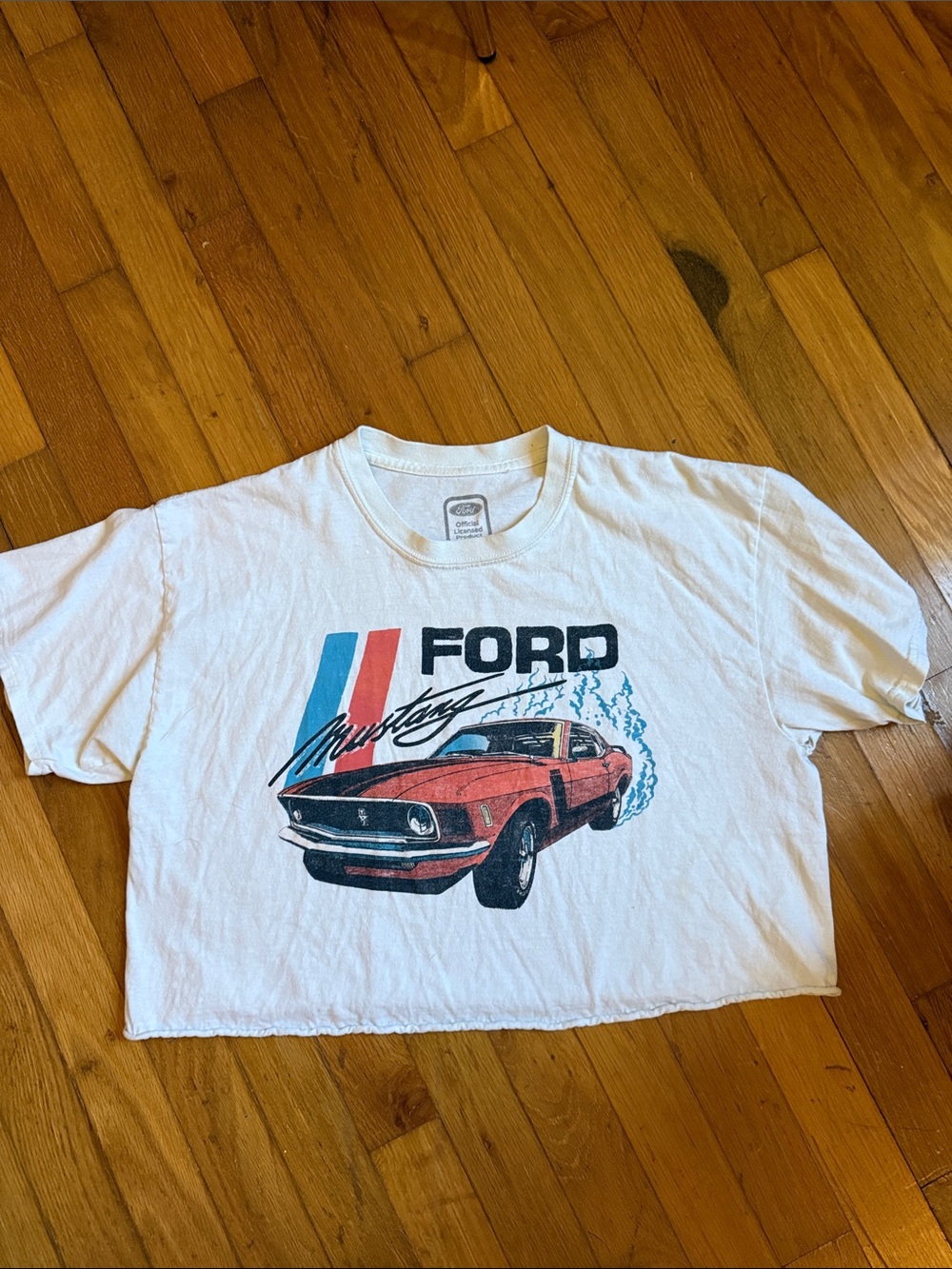 Ford White Crop Tee with Red Mustang and Blue Stripes M/L